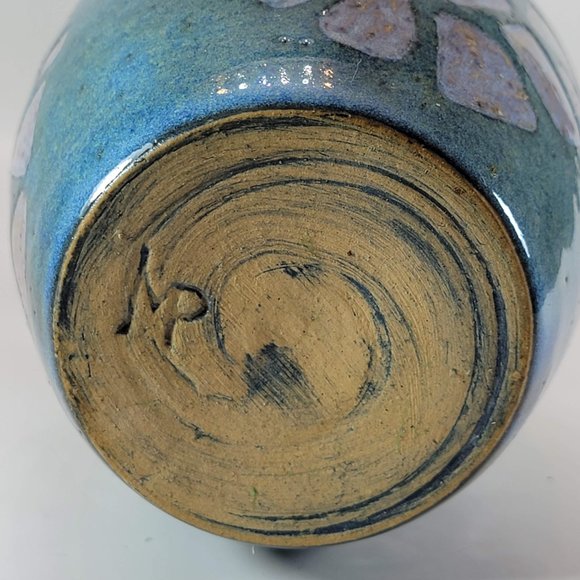 Handmade Vase Stoneware Pottery Turtle Shell Design Blue Glaze Signed - Picture 4 of 6